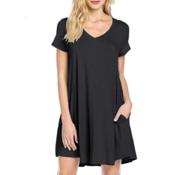 Dresses & Skirts - Short Sleeve Loose T Shirt Dress XL Black Pockets